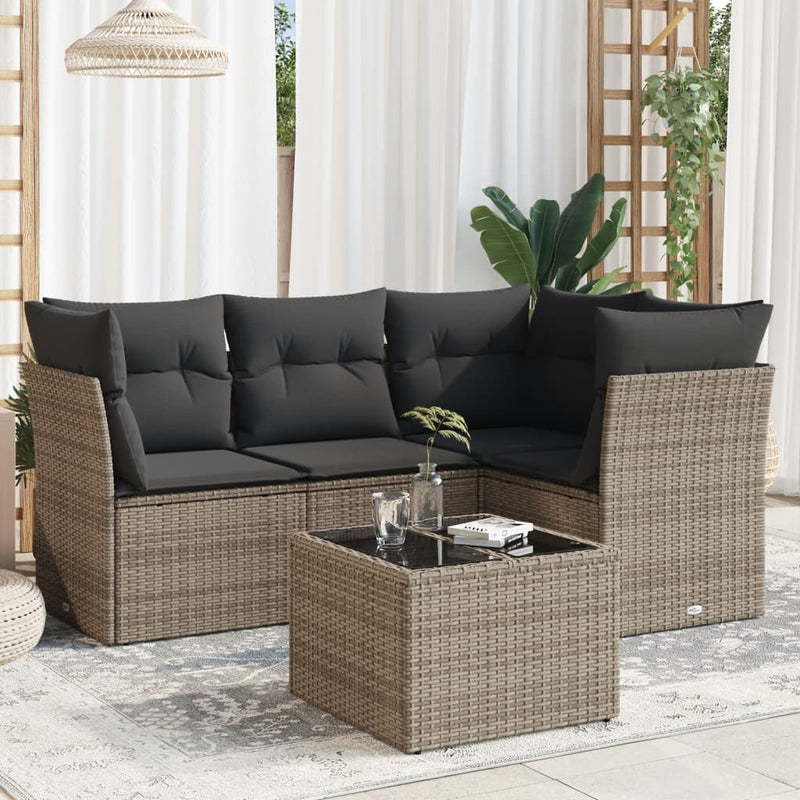 5-tlg. Garten-Sofagarnitur mit Kissen Grau Poly Rattan