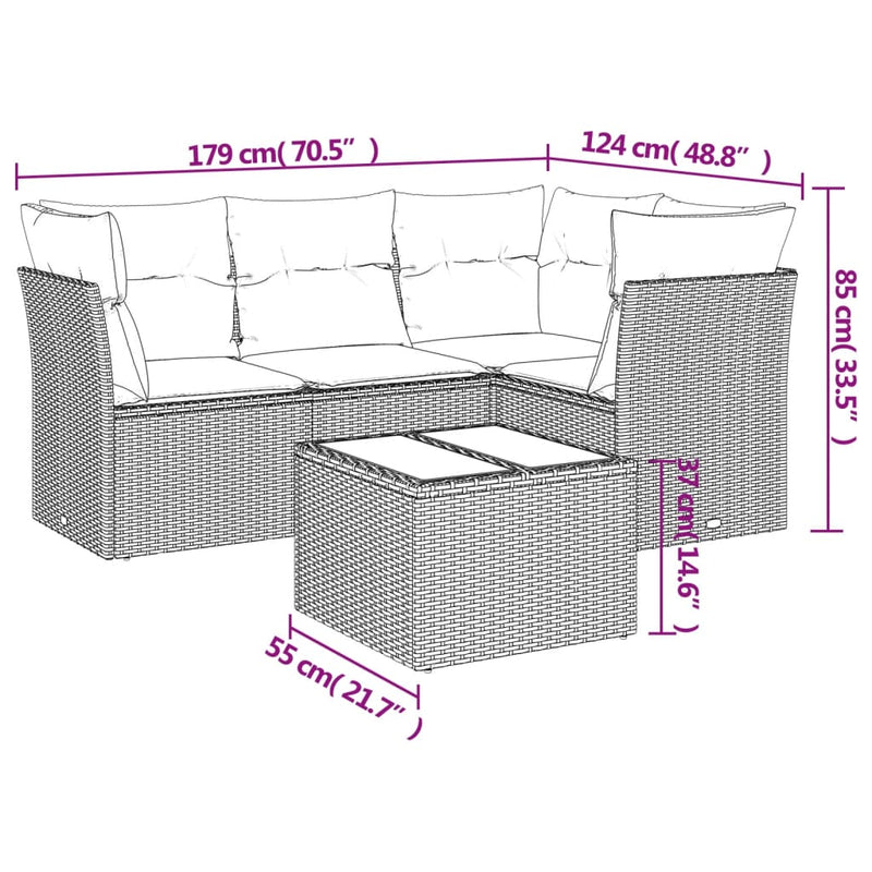 5-tlg. Garten-Sofagarnitur mit Kissen Hellgrau Poly Rattan