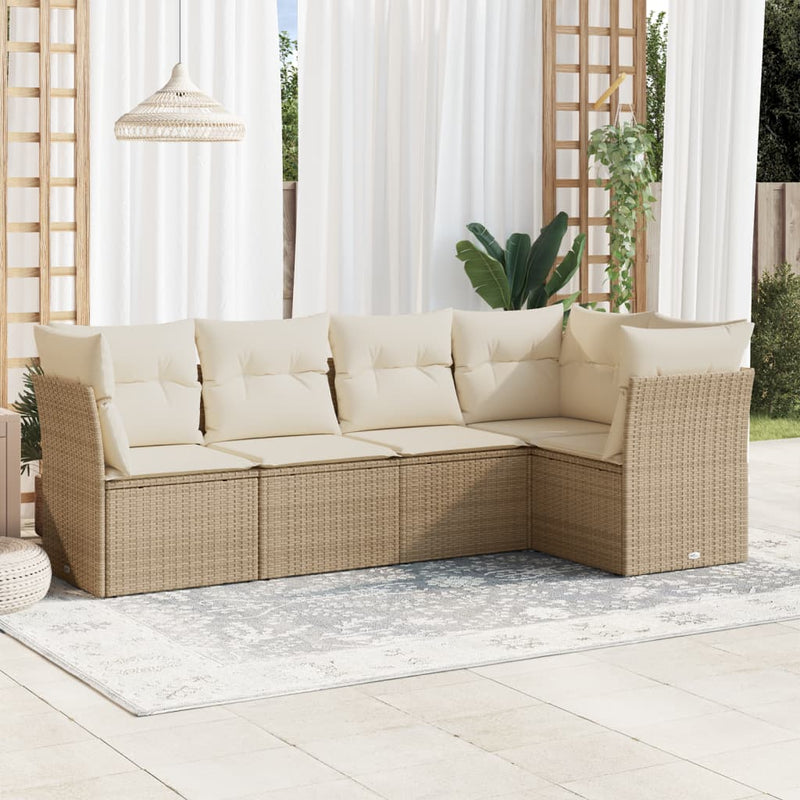 5-tlg. Garten-Sofagarnitur mit Kissen Beige Poly Rattan