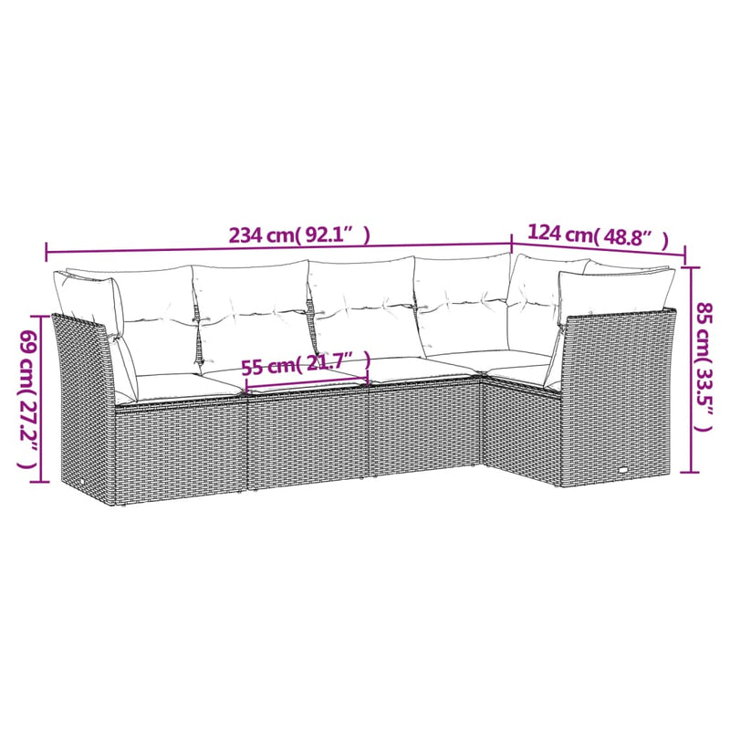 5-tlg. Garten-Sofagarnitur mit Kissen Hellgrau Poly Rattan