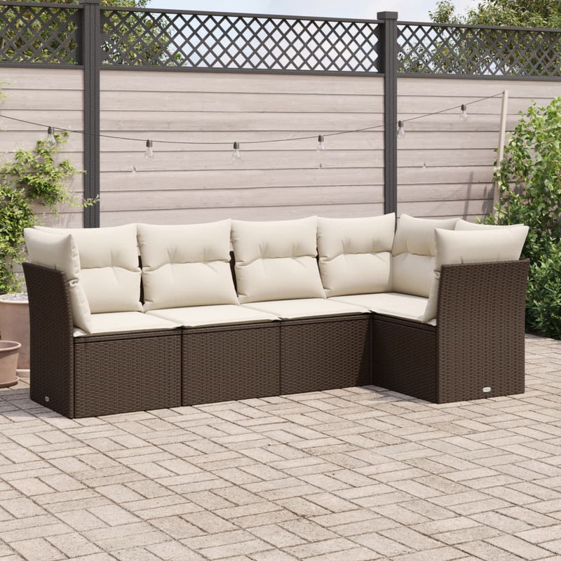 5-tlg. Garten-Sofagarnitur mit Kissen Braun Poly Rattan