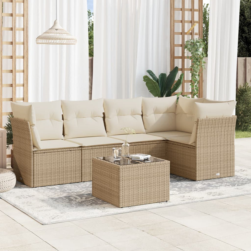 6-tlg. Garten-Sofagarnitur mit Kissen Beige Poly Rattan