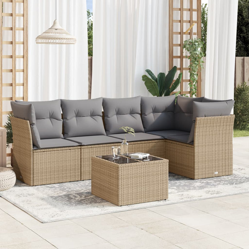 6-tlg. Garten-Sofagarnitur mit Kissen Beige Poly Rattan