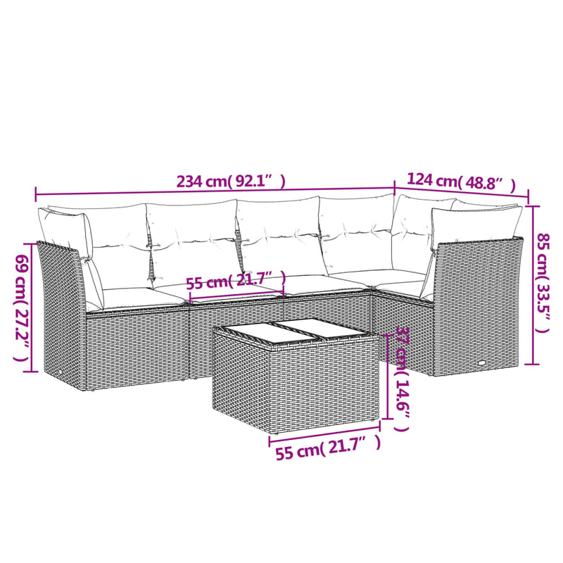 6-tlg. Garten-Sofagarnitur mit Kissen Hellgrau Poly Rattan