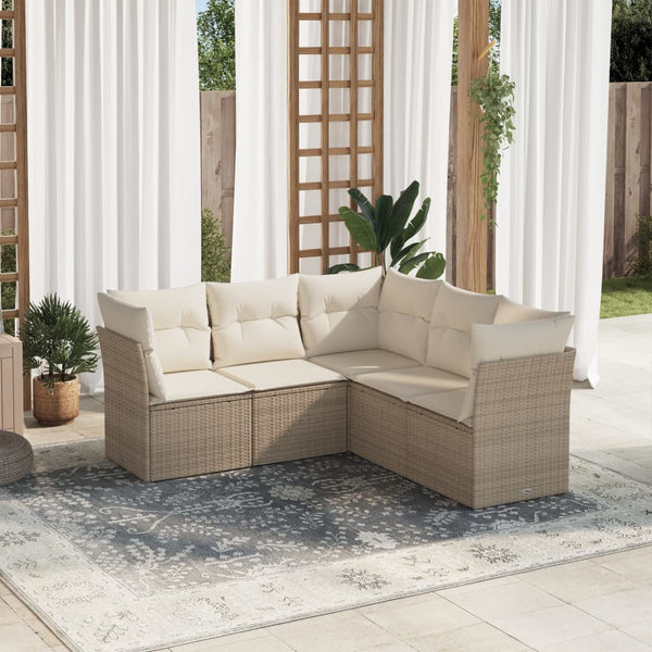 5-tlg. Garten-Sofagarnitur mit Kissen Beige Poly Rattan