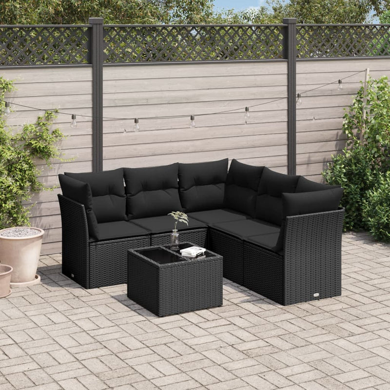 6-tlg. Garten-Sofagarnitur mit Kissen Schwarz Poly Rattan