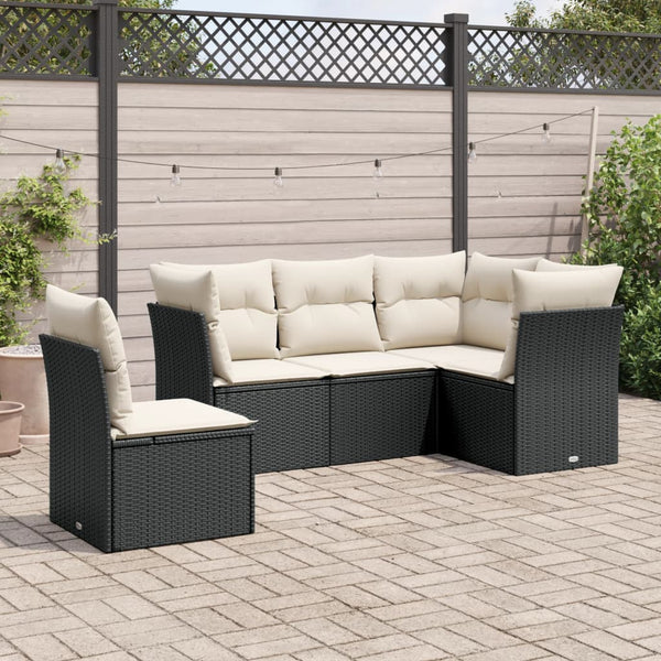 5-tlg. Garten-Sofagarnitur mit Kissen Schwarz Poly Rattan