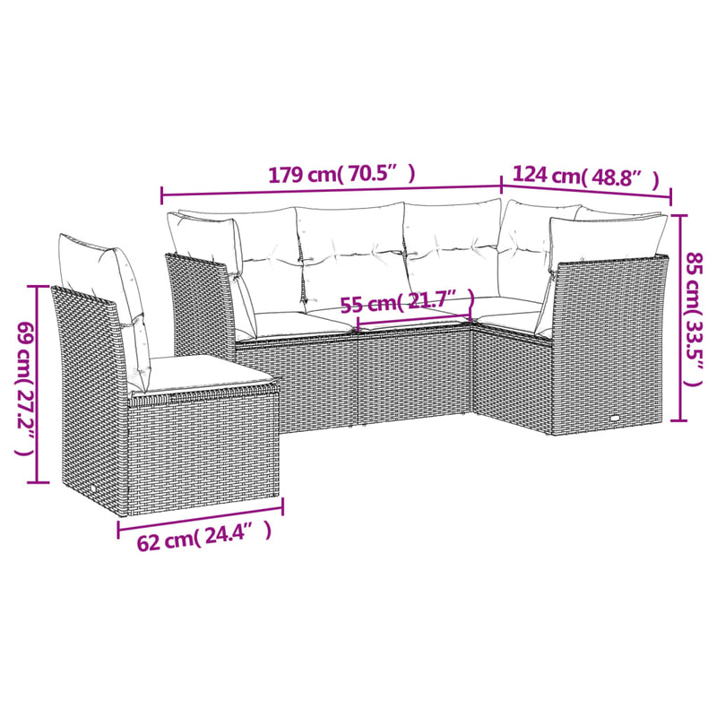 5-tlg. Garten-Sofagarnitur mit Kissen Hellgrau Poly Rattan