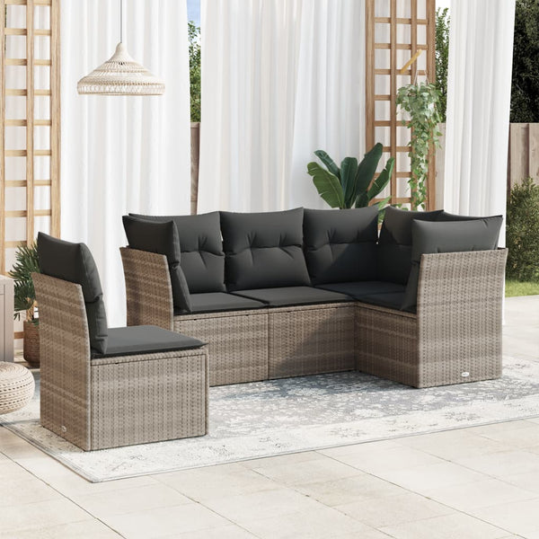 5-tlg. Garten-Sofagarnitur mit Kissen Hellgrau Poly Rattan