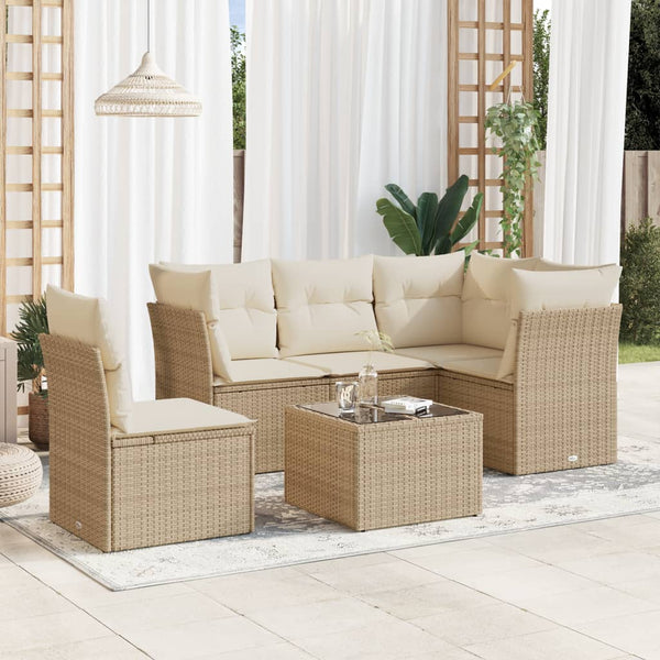 6-tlg. Garten-Sofagarnitur mit Kissen Beige Poly Rattan