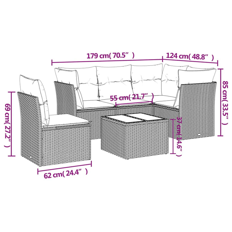 6-tlg. Garten-Sofagarnitur mit Kissen Grau Poly Rattan