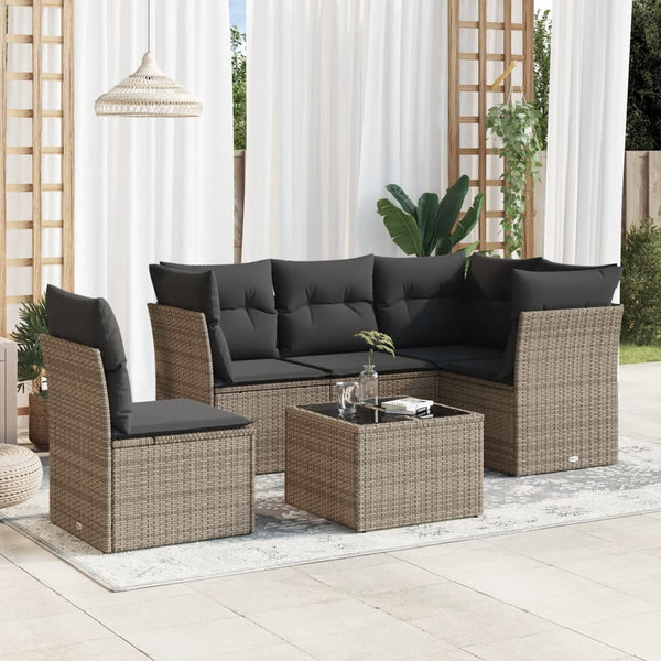 6-tlg. Garten-Sofagarnitur mit Kissen Grau Poly Rattan