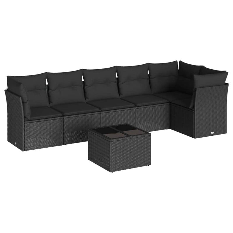 7-tlg. Garten-Sofagarnitur mit Kissen Schwarz Poly Rattan