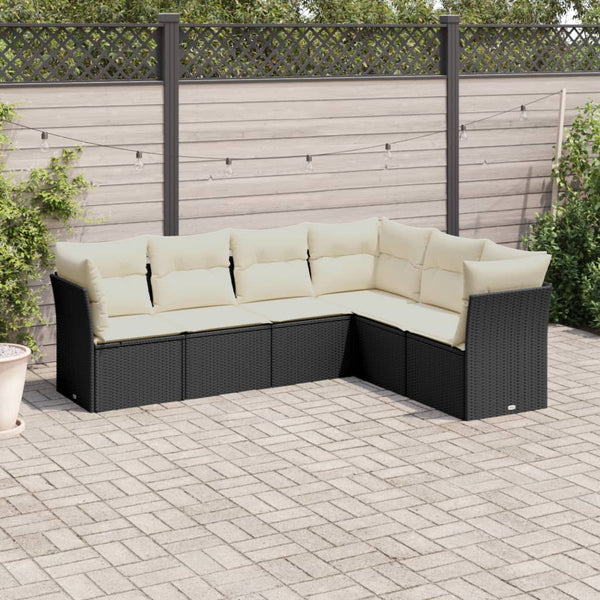 6-tlg. Garten-Sofagarnitur mit Kissen Schwarz Poly Rattan