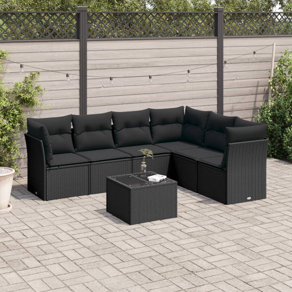 7-tlg. Garten-Sofagarnitur mit Kissen Schwarz Poly Rattan