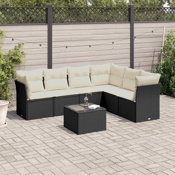 7-tlg. Garten-Sofagarnitur mit Kissen Schwarz Poly Rattan