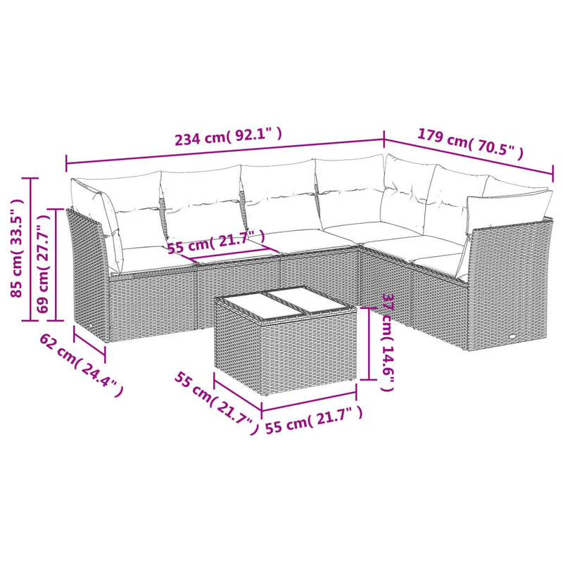 7-tlg. Garten-Sofagarnitur mit Kissen Grau Poly Rattan