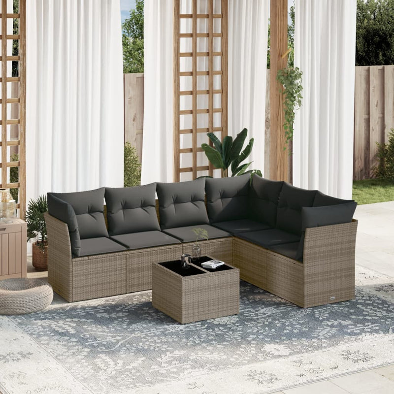 7-tlg. Garten-Sofagarnitur mit Kissen Grau Poly Rattan