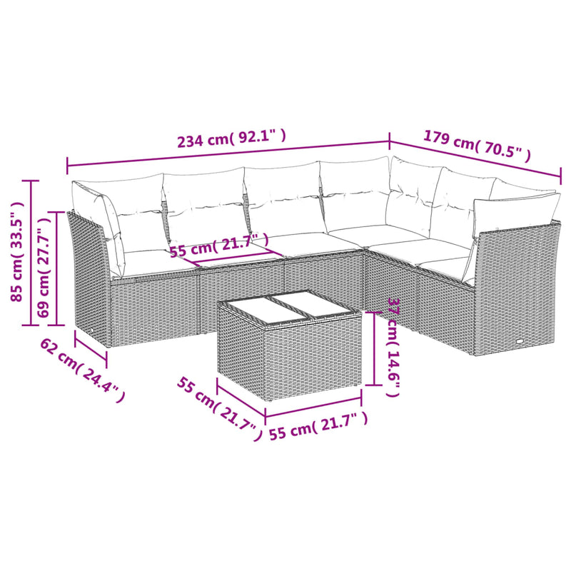 7-tlg. Garten-Sofagarnitur mit Kissen Hellgrau Poly Rattan