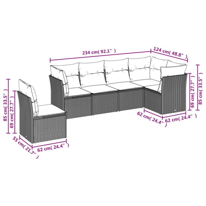 6-tlg. Garten-Sofagarnitur mit Kissen Grau Poly Rattan