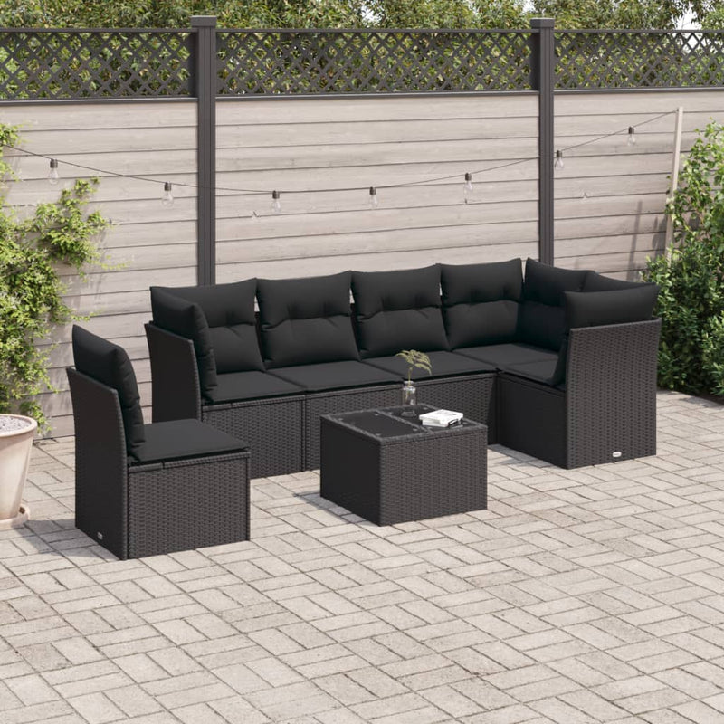 7-tlg. Garten-Sofagarnitur mit Kissen Schwarz Poly Rattan