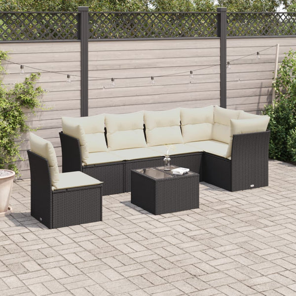 7-tlg. Garten-Sofagarnitur mit Kissen Schwarz Poly Rattan