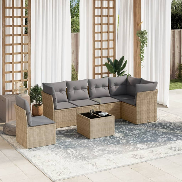 7-tlg. Garten-Sofagarnitur mit Kissen Beige Poly Rattan