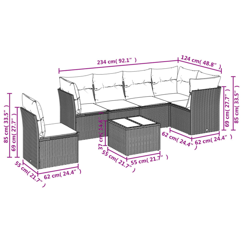 7-tlg. Garten-Sofagarnitur mit Kissen Grau Poly Rattan