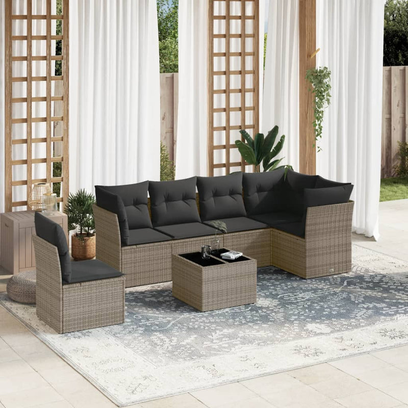 7-tlg. Garten-Sofagarnitur mit Kissen Grau Poly Rattan