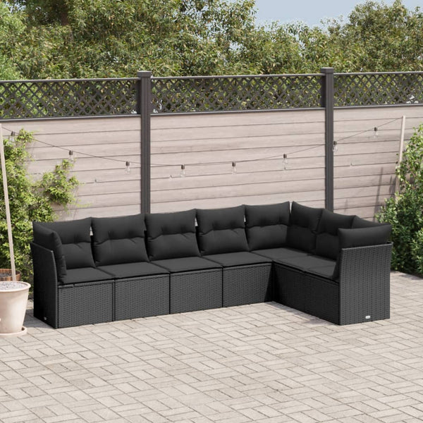 7-tlg. Garten-Sofagarnitur mit Kissen Schwarz Poly Rattan