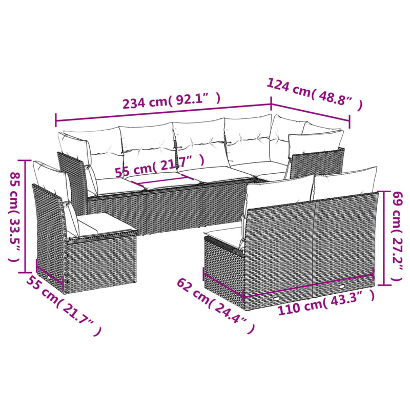 8-tlg. Garten-Sofagarnitur mit Kissen Schwarz Poly Rattan