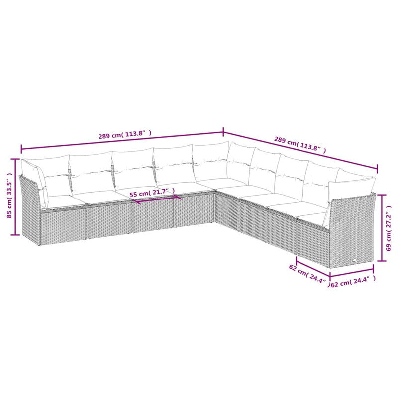 9-tlg. Garten-Sofagarnitur mit Kissen Hellgrau Poly Rattan