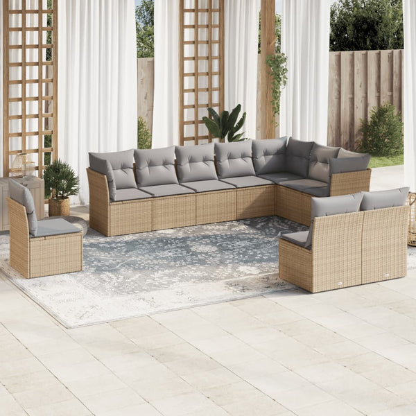 10-tlg. Garten-Sofagarnitur mit Kissen Beige Poly Rattan