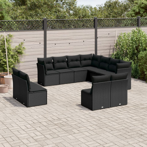 11-tlg. Garten-Sofagarnitur mit Kissen Schwarz Poly Rattan