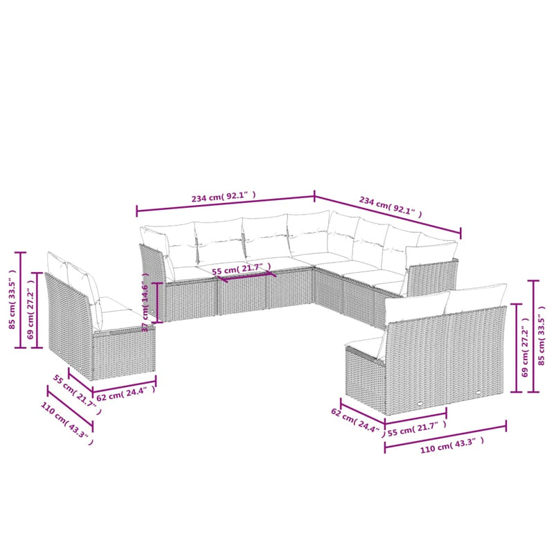 11-tlg. Garten-Sofagarnitur mit Kissen Hellgrau Poly Rattan