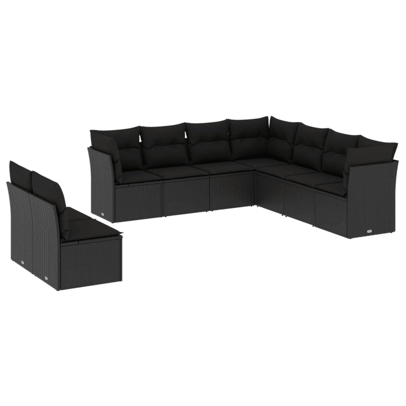 9-tlg. Garten-Sofagarnitur mit Kissen Schwarz Poly Rattan