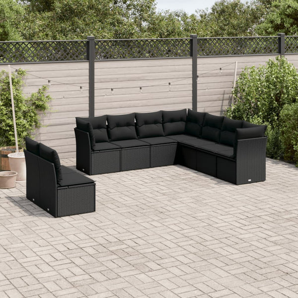 9-tlg. Garten-Sofagarnitur mit Kissen Schwarz Poly Rattan