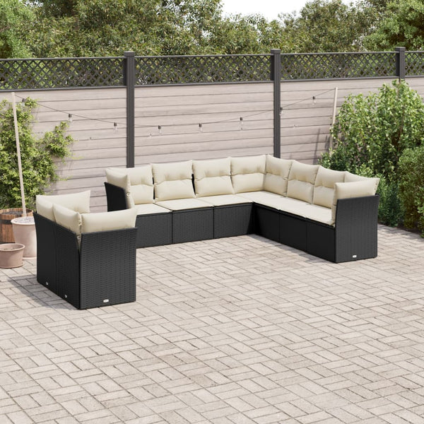 9-tlg. Garten-Sofagarnitur mit Kissen Schwarz Poly Rattan