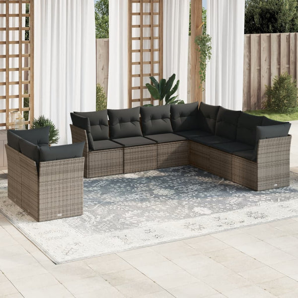 9-tlg. Garten-Sofagarnitur mit Kissen Grau Poly Rattan