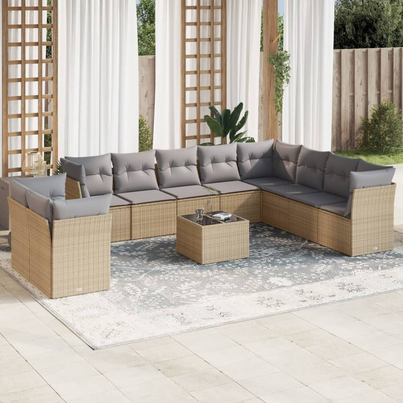 11-tlg. Garten-Sofagarnitur mit Kissen Beige Poly Rattan