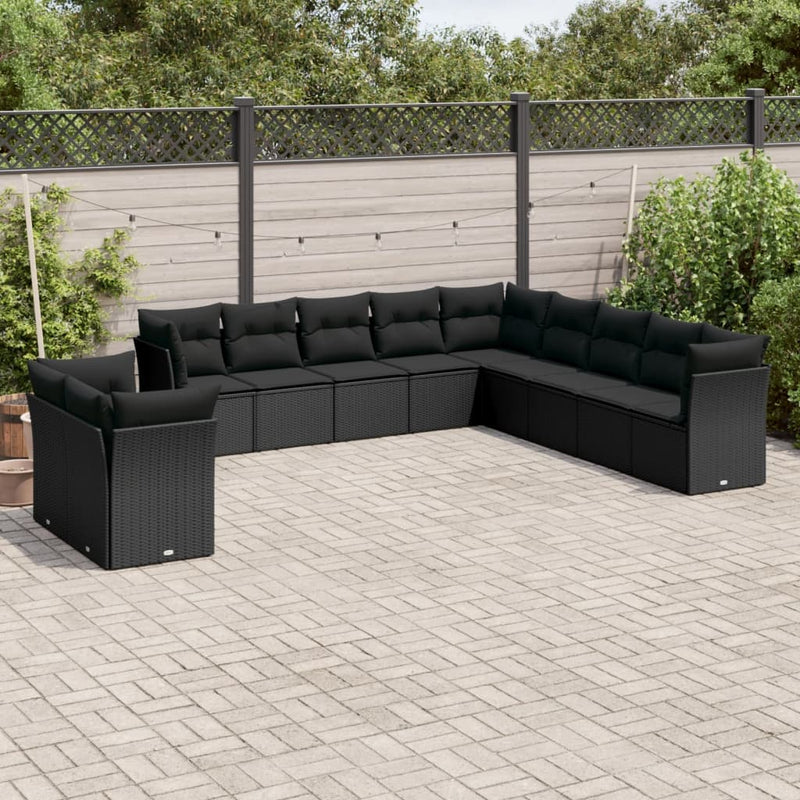 11-tlg. Garten-Sofagarnitur mit Kissen Schwarz Poly Rattan