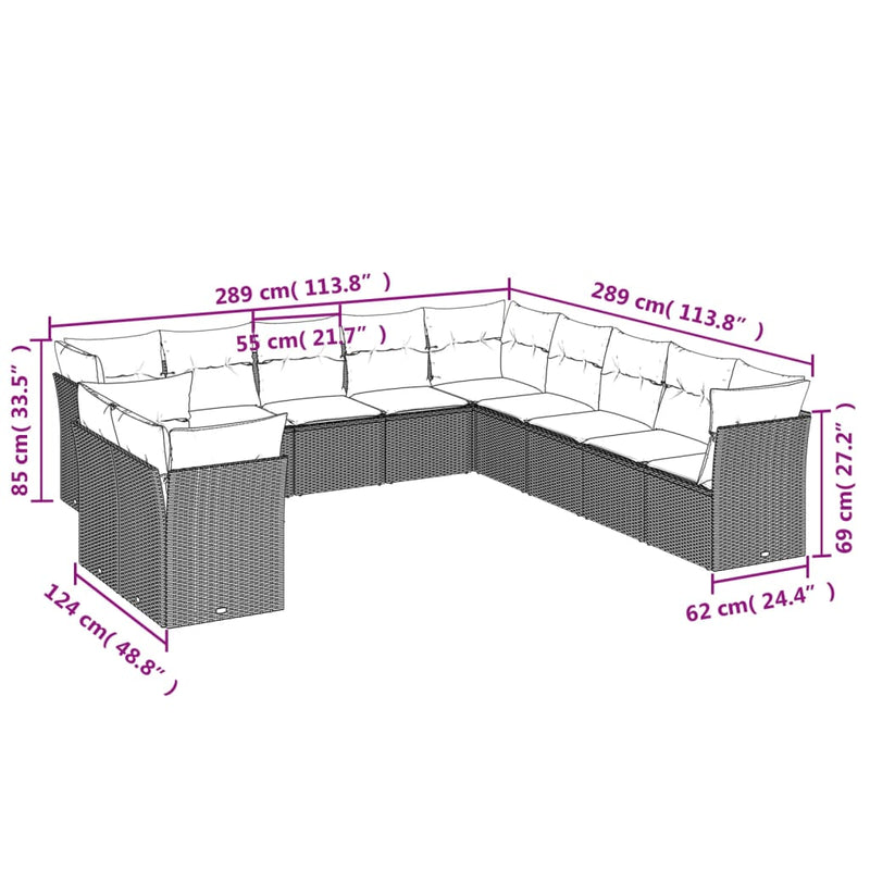 11-tlg. Garten-Sofagarnitur mit Kissen Schwarz Poly Rattan