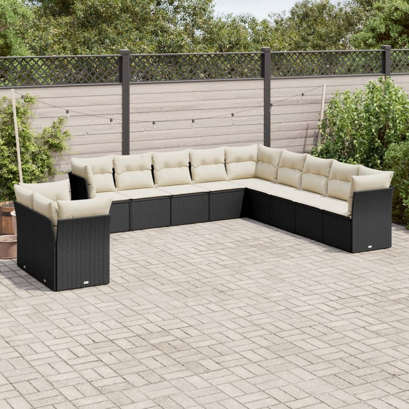 11-tlg. Garten-Sofagarnitur mit Kissen Schwarz Poly Rattan