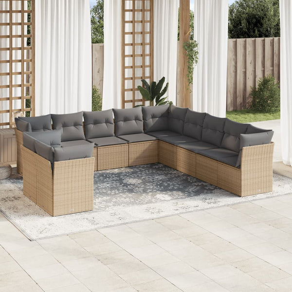 11-tlg. Garten-Sofagarnitur mit Kissen Beige Poly Rattan