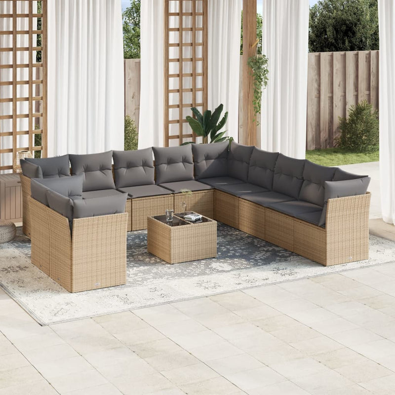 12-tlg. Garten-Sofagarnitur mit Kissen Beige Poly Rattan