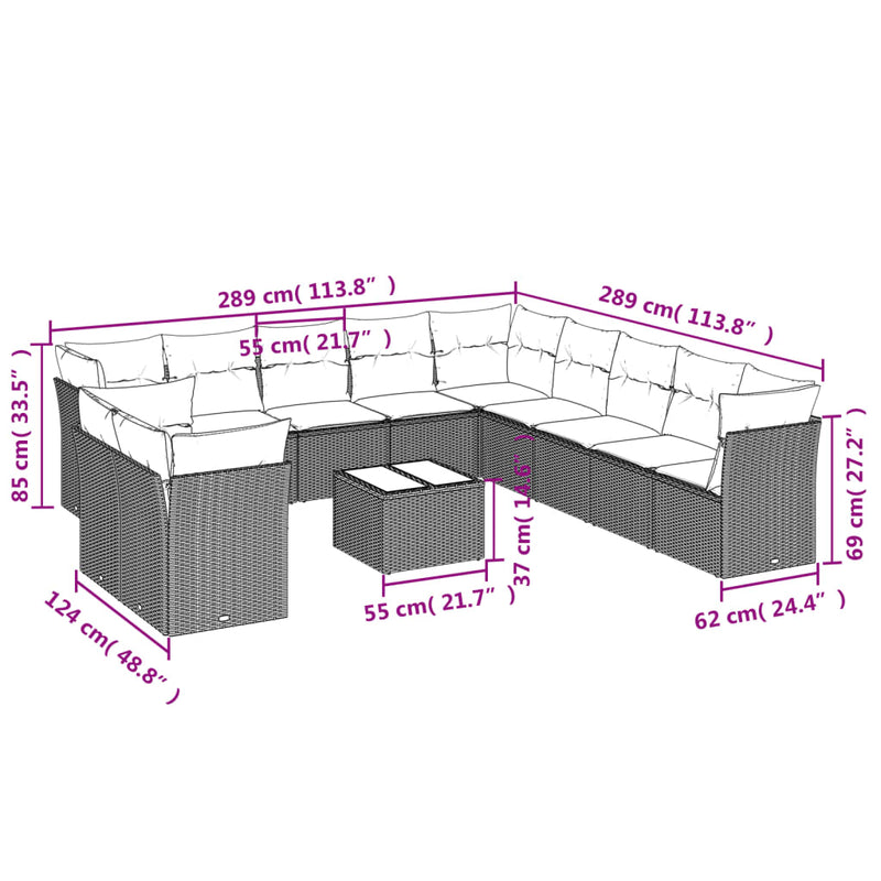 12-tlg. Garten-Sofagarnitur mit Kissen Grau Poly Rattan