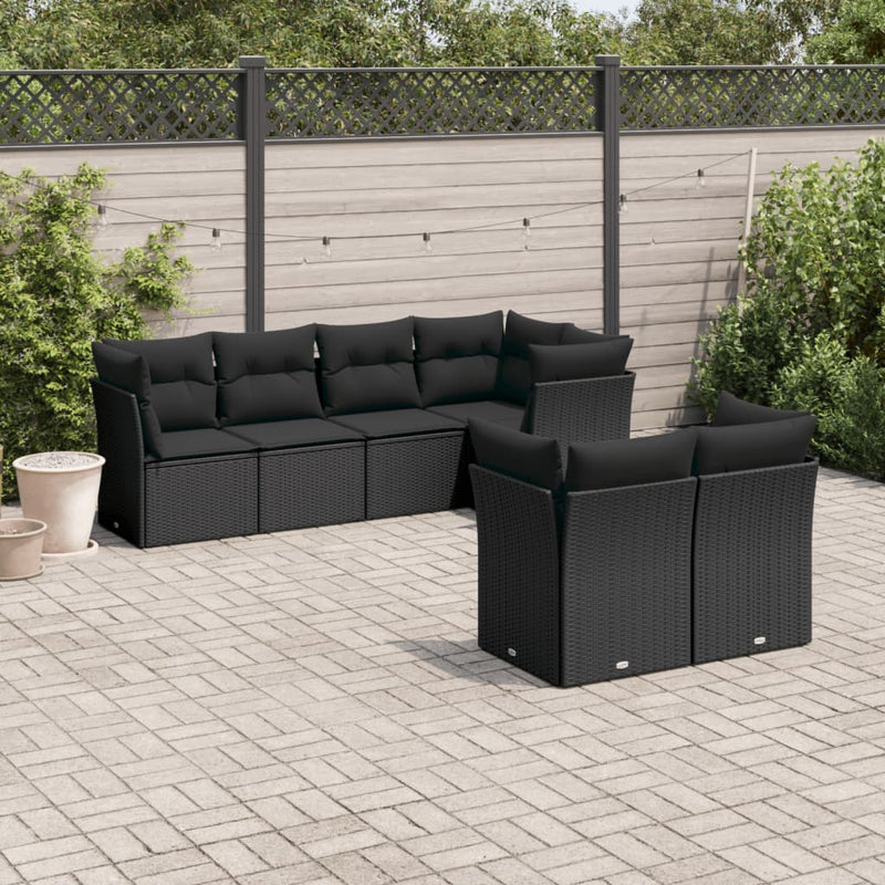 7-tlg. Garten-Sofagarnitur mit Kissen Schwarz Poly Rattan