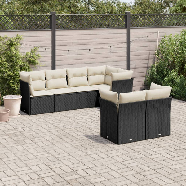 7-tlg. Garten-Sofagarnitur mit Kissen Schwarz Poly Rattan