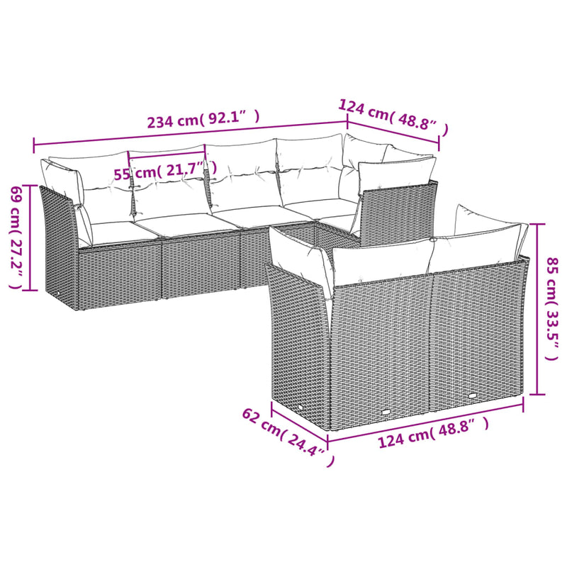 7-tlg. Garten-Sofagarnitur mit Kissen Beige Poly Rattan