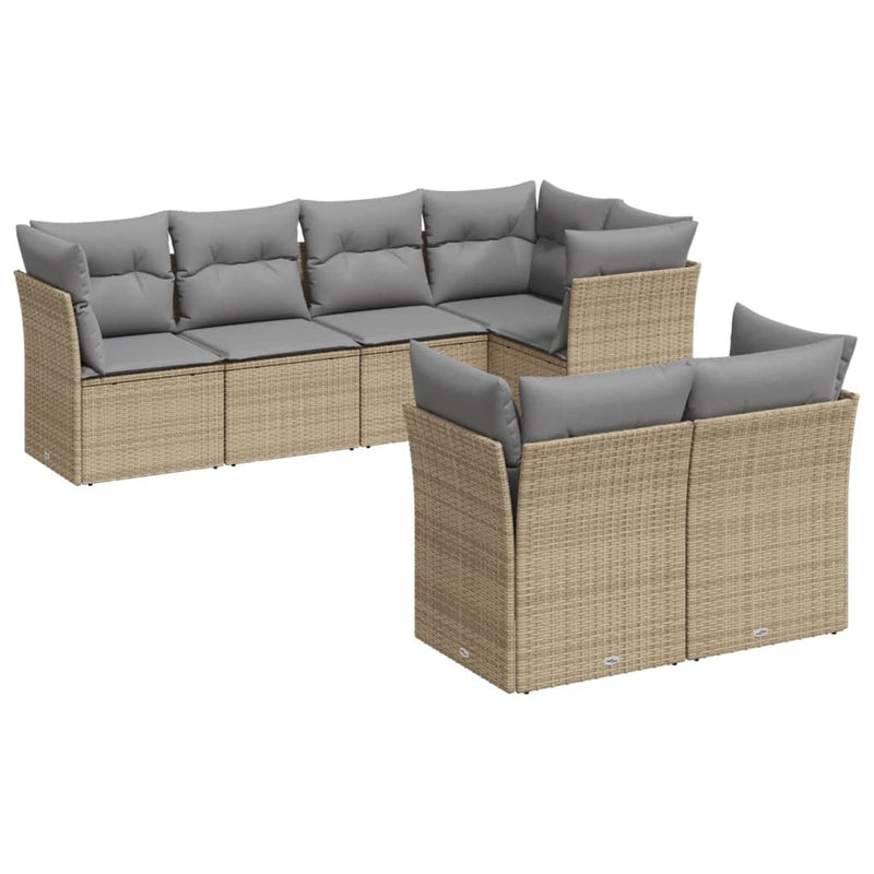 7-tlg. Garten-Sofagarnitur mit Kissen Beige Poly Rattan